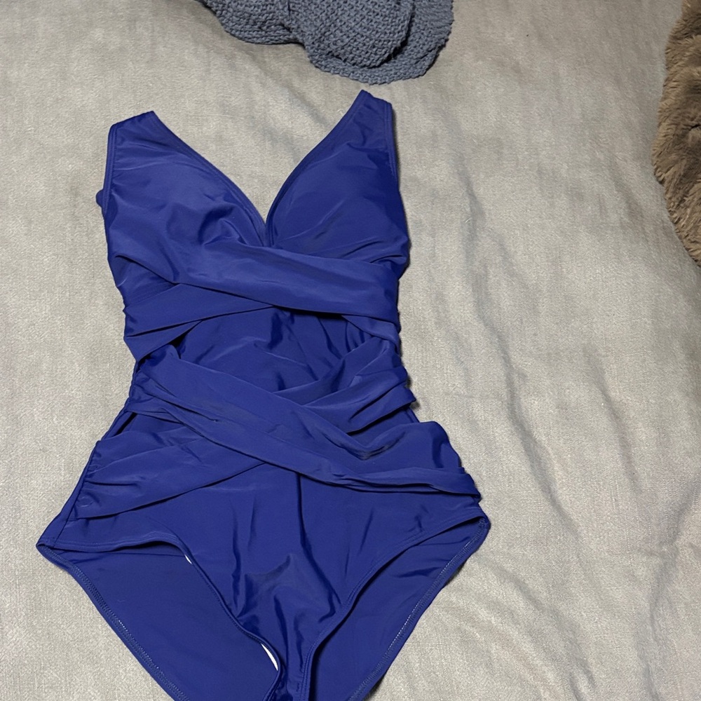 Ruched Royal Blue One-Piece Swimsuit with V-Neck